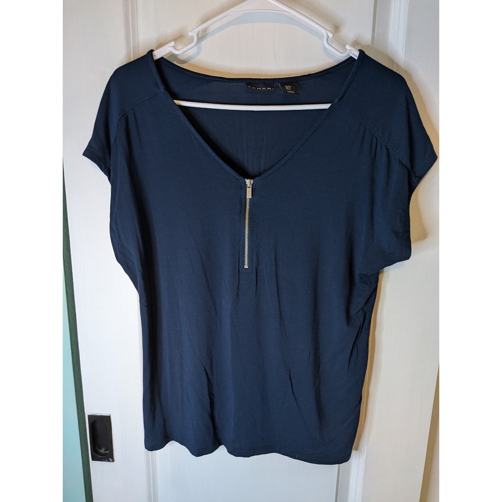 Tahari Navy Blue Short Sleeve V-Neck Half Zip Modal Top Small